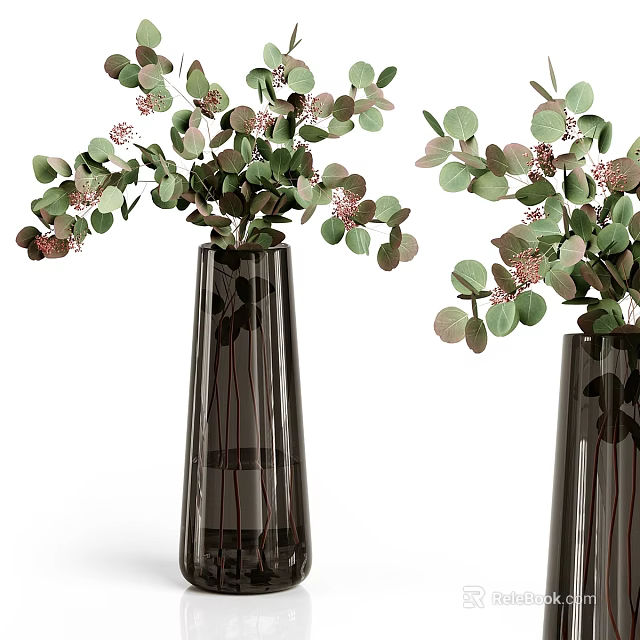 Decorative Ornament Set With Black Glass Vases Green Eucalyptus Leaves And Pink Small Flowers 3d model 