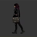 Stylish Young Woman In Black Jacket Ripped Jeans And Patterned Backpack