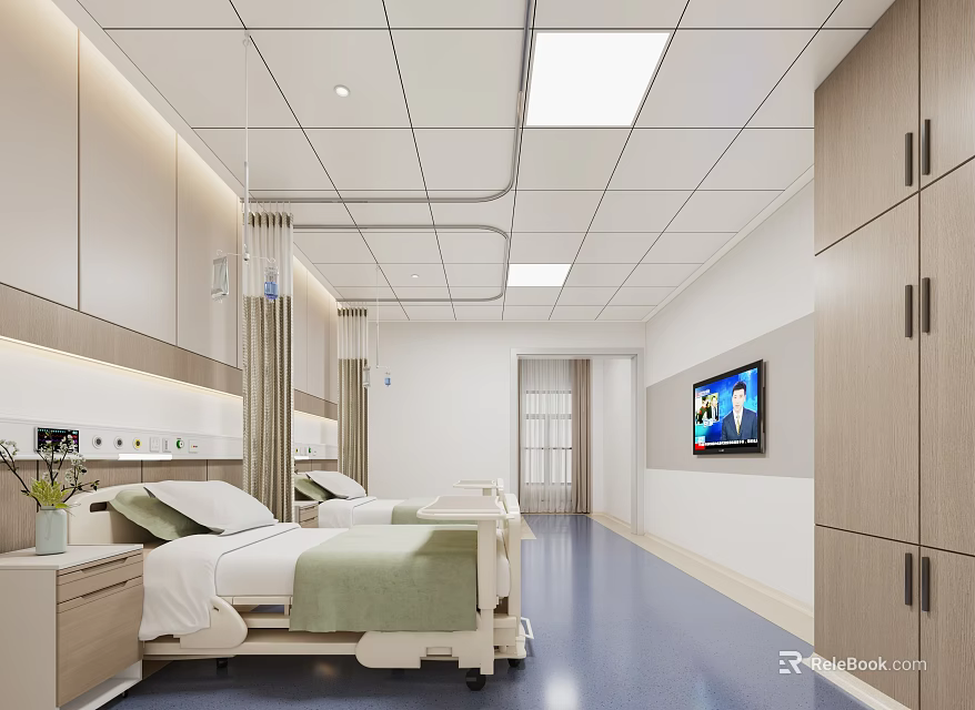 Modern Hospital Outpatient Ward Interior With Beds TV And Cabinets 3d model 
