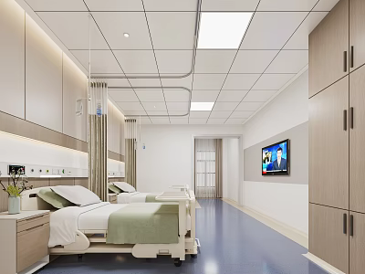 Modern Hospital Outpatient Ward Interior With Beds TV And Cabinets 3d model
