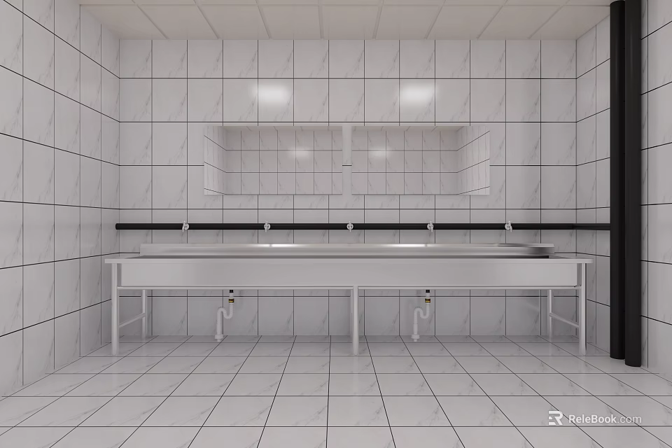 Modern Public Toilet Interior With Multiple Washbasins And Large Mirrors On Tiled Walls 3d model 