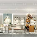 Luxury Modern Store Interior With Display Shelves Wooden Counter Hanging Lights And Decorative Flowers