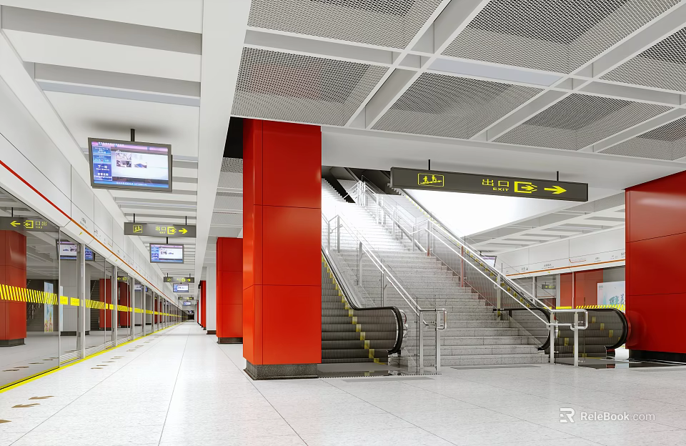 Modern Subway Station Interior With Red Pillars Staircase Escalators And Direction Signs 3d model 