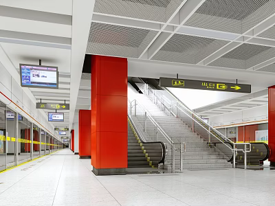 Modern Subway Station Interior With Red Pillars Staircase Escalators And Direction Signs 3d model
