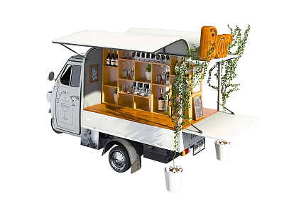 Modern Mobile Bar Truck Featuring Open Side Shelves Glasses Bottles And Green Plants 3d model