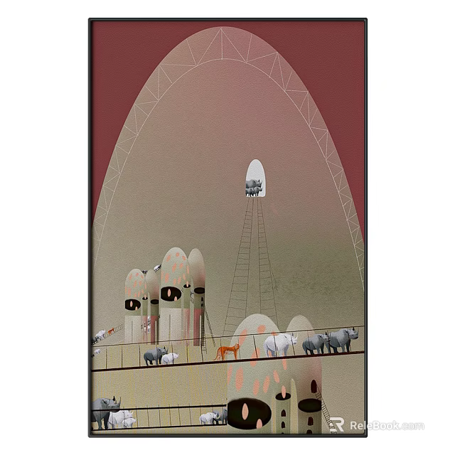 Abstract Painting With Arched Structure Ladder Egg Shaped Structures and Animals on Platform 3d model