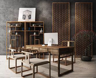 New Chinese Style Office Desk and Chair 3d model