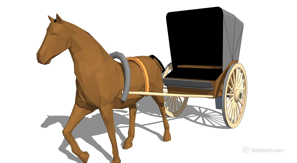 Traditional Horse-Drawn Carriage with Black Canopy and Wooden Wheels Pulled by Brown Horse 3d model 