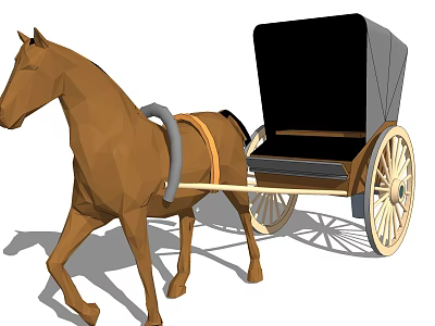 Traditional Horse-Drawn Carriage with Black Canopy and Wooden Wheels Pulled by Brown Horse 3d model