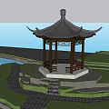 Chinese Style Pavilion With Traditional Roof And Wooden Pillars Surrounded By Green Bushes And Trees