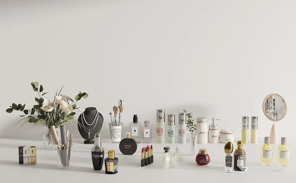 Elegant Perfume And Cosmetics Collection With Skincare Products Makeup Brushes And Lipsticks 3d model 