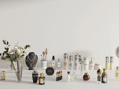 Elegant Perfume And Cosmetics Collection With Skincare Products Makeup Brushes And Lipsticks 3d model