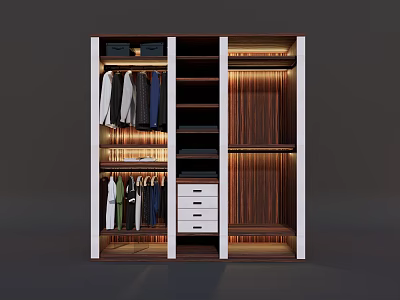 Modern Wooden Wardrobe Interior With Hanging Clothes Storage White Drawers And Warm Lighting 3d model
