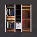 Modern Wooden Wardrobe Interior With Hanging Clothes Storage White Drawers And Warm Lighting
