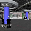 Shopping Mall Lobby With Blue Pillars Brand Stores Sculptures Shiny Floor And Lighting Design