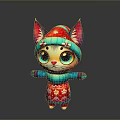 Cute Cartoon Cat In Red Hat Red Dress With Pink Blue Ears And Big Eyes