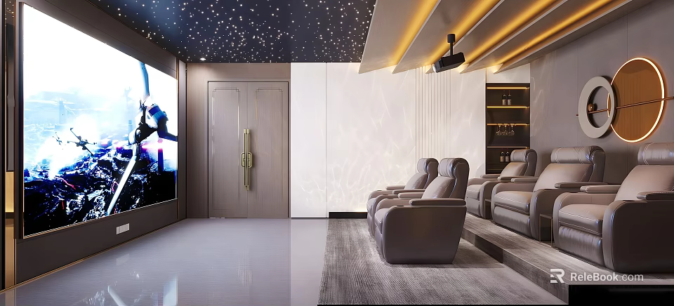 Luxurious Home Theater With Starry Ceiling Golden Accents Projector Comfortable Seats And Large Screen 3d model 