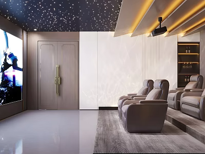Luxurious Home Theater With Starry Ceiling Golden Accents Projector Comfortable Seats And Large Screen 3d model