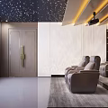 Luxurious Home Theater With Starry Ceiling Golden Accents Projector Comfortable Seats And Large Screen