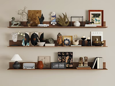Decorative Ornament Arrangement on Wooden Shelves with Sculptures Photo Frames Vases and Books 3d model