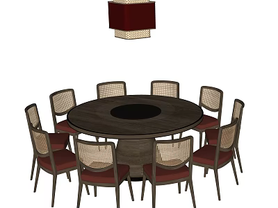 Round Wooden Dining Table Set With Eight Woven Backrest Red Cushion Chairs And Pendant Light 3d model