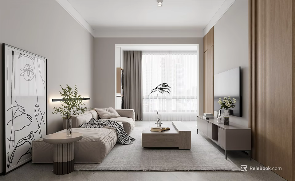 Modern Living Room Interior Design With Light Gray Sofa Coffee Table TV And Green Plants 3d model 