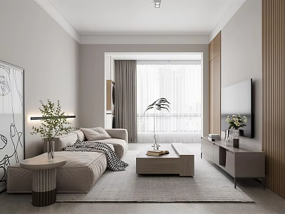 Modern Living Room Interior Design With Light Gray Sofa Coffee Table TV And Green Plants 3d model