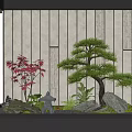Bonsai Pine And Red Maple Plant Combination With Rocks Lighting And Vertical Panel Wall