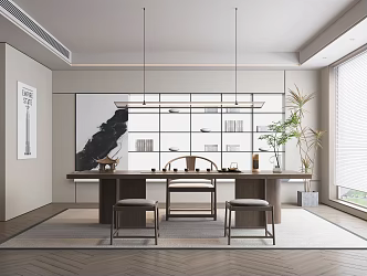 Modern Style Tea Room Tea Table and Chair Combination Ceiling Carpet Tea Cabinet Green Plant Hanging Painting Ornaments Circle Chair 3d model