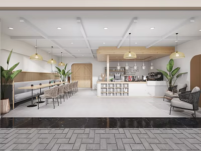 Bright Modern Dessert Shop Interior With Cozy Tables Chairs Hanging Lights And Potted Plants 3d model