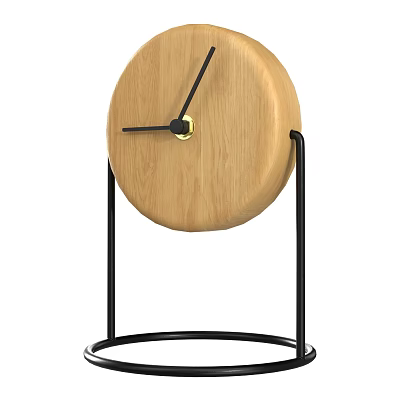 Round Minimalist Wooden Clock with Black Hands and Metal Stand Design 3d model
