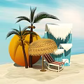 Scenic Beach Photo Spot With Palm Trees Straw Umbrella And Striped Lounge Chair
