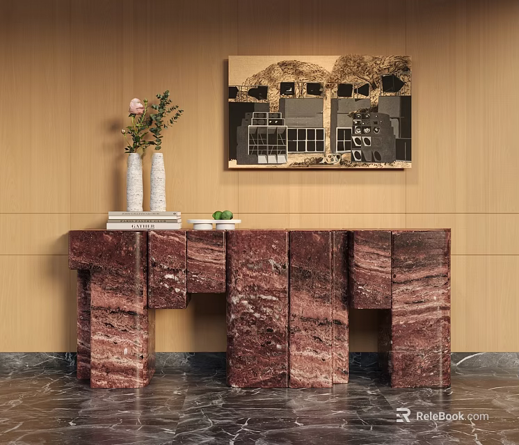 Marble Console Table and Side Cabinet with Decorative Vases Books Green Plants on Wooden Wall 3d model 