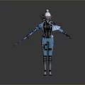Woman In Blue Black Fantasy Outfit With White Hair And Decorative Sword
