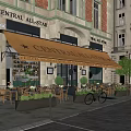 Charming Café Exterior With Outdoor Seating Awning Wooden Tables And Potted Plants