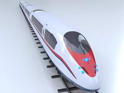 Modern High Speed Train With White Body Red Front And Blue Lights On Railway Track 3d model