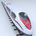 Modern High Speed Train With White Body Red Front And Blue Lights On Railway Track