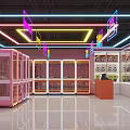 Pink Orange Claw Machine Store With Neon Lights White Tiled Floor And Plush Bear