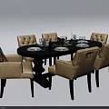 Oval Black Dining Table Set with Six Beige Tufted Chairs and Tableware Decorations 3d model