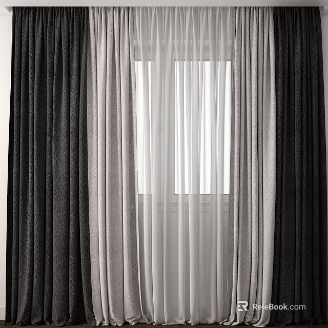 Modern Layered Curtains With Dark Gray Light Gray And Sheer White Panels For Window 3d model 