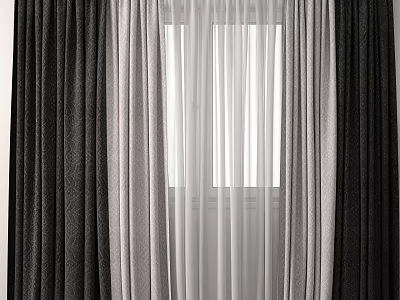 Modern Layered Curtains With Dark Gray Light Gray And Sheer White Panels For Window 3d model