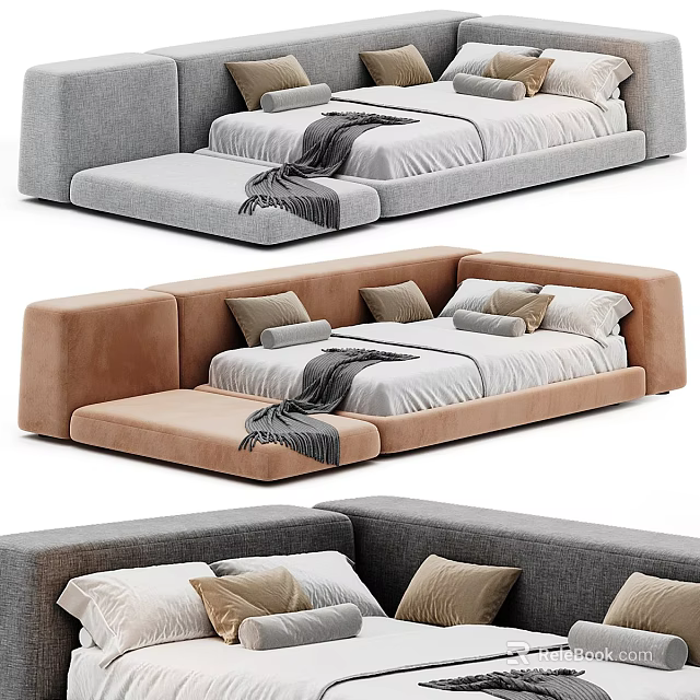 Elegant Modern Gray And Brown Velvet Sofa Bed With Pillows And Blankets 3d model 