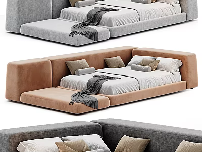Elegant Modern Gray And Brown Velvet Sofa Bed With Pillows And Blankets 3d model