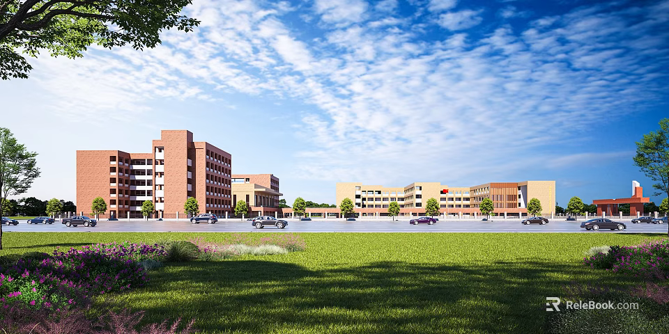 Red Brick School Buildings With Green Lawn Trees And Open Blue Sky View 3d model 