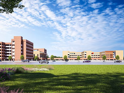Red Brick School Buildings With Green Lawn Trees And Open Blue Sky View 3d model