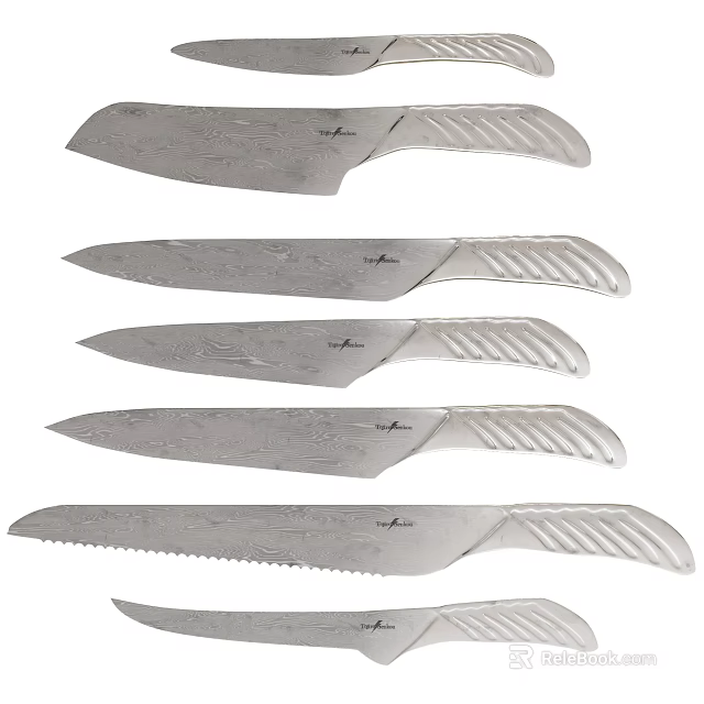 High Quality Kitchen Knives Collection With Decorative Blade Patterns And Ergonomic Handles 3d model
