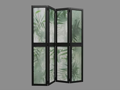 Foldable Room Divider With Black Frame Glass Panels And Green Leaf Pattern 3d model