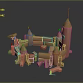 Wooden Castle Building Structure With Towers Walls And Red Flags