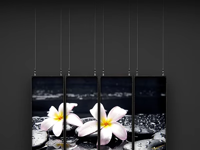 Five Vertically Hung Plant Paintings with Pink Plumeria Flowers Dark Background Water Droplets and Stones 3d model
