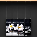 Five Vertically Hung Plant Paintings with Pink Plumeria Flowers Dark Background Water Droplets and Stones